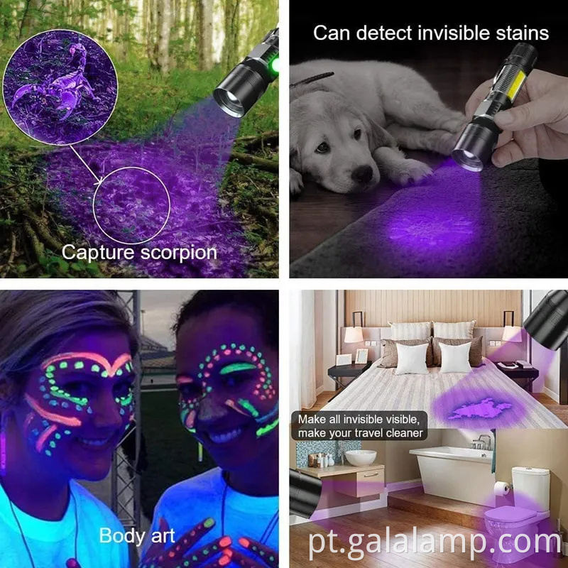 Lanterna LED versátil com luz de enchente Cob e luz UV